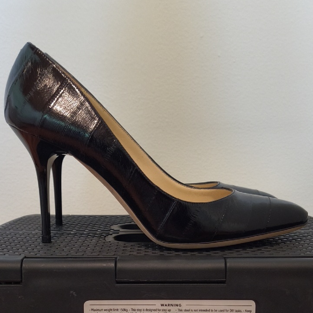 Jimmy Choo Sexy Black Gilbert Eel Skin Pumps, Size 38